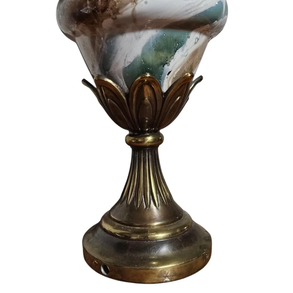 Mid Century Antique Marble Table Lamp W/ Beaded VictorianShade Brass Base Urn